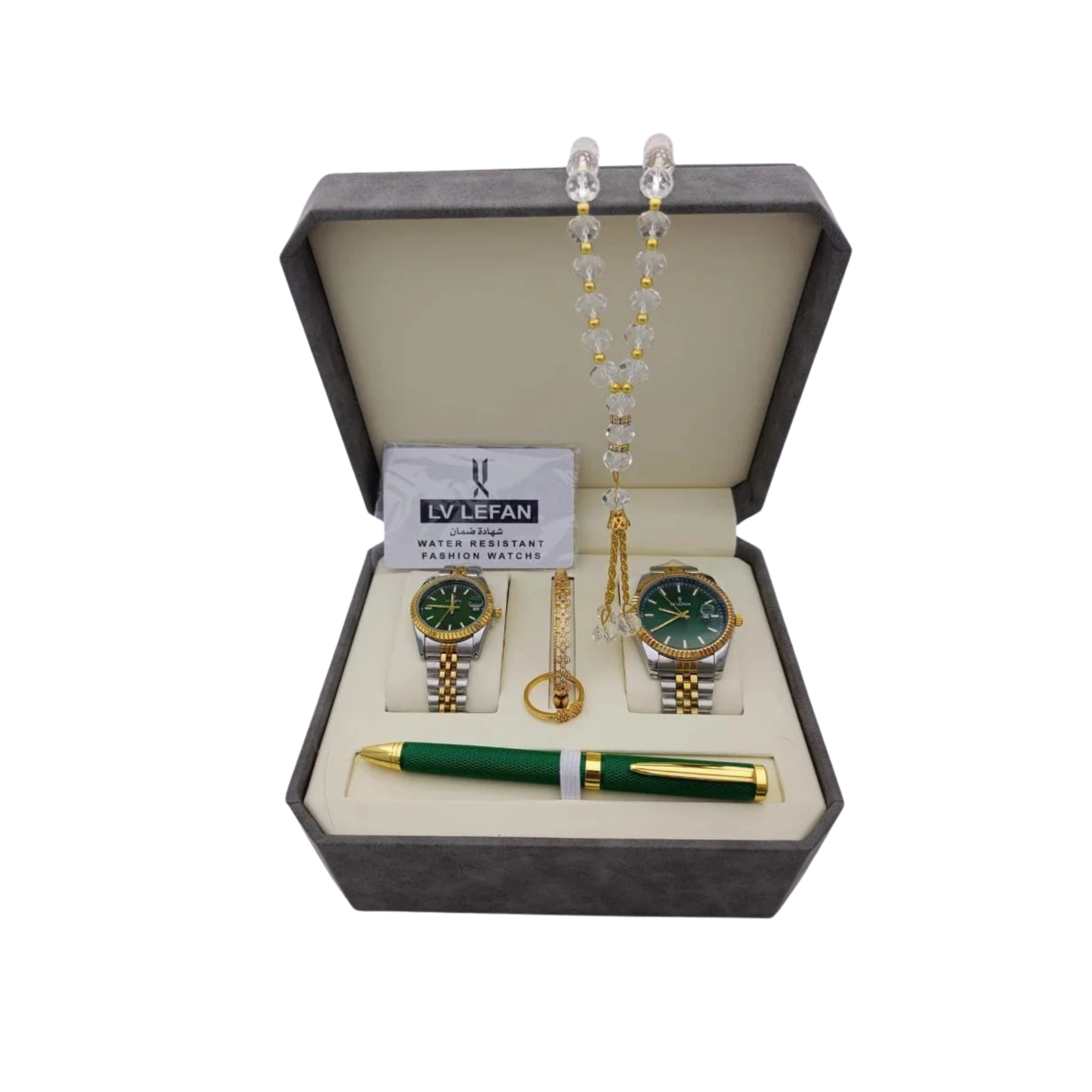 "Men's Stainless Steel Set: Watch, Rosary, Pen & Cufflinks"طقم رجالي من الفولاذ المقاوم للصدأ: ساعة، مسبحة، قلم، وأزرار أكمام