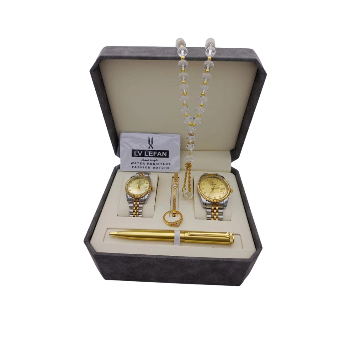 "Men's Stainless Steel Set: Watch, Rosary, Pen & Cufflinks"طقم رجالي من الفولاذ المقاوم للصدأ: ساعة، مسبحة، قلم، وأزرار أكمام